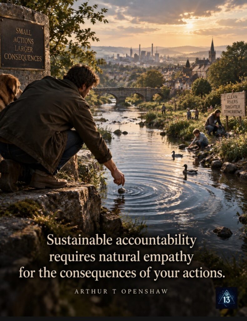 Reflective quote about sustainable accountability by Arthur T Openshaw, illustrated by a riverside scene showing people caring for their environment.